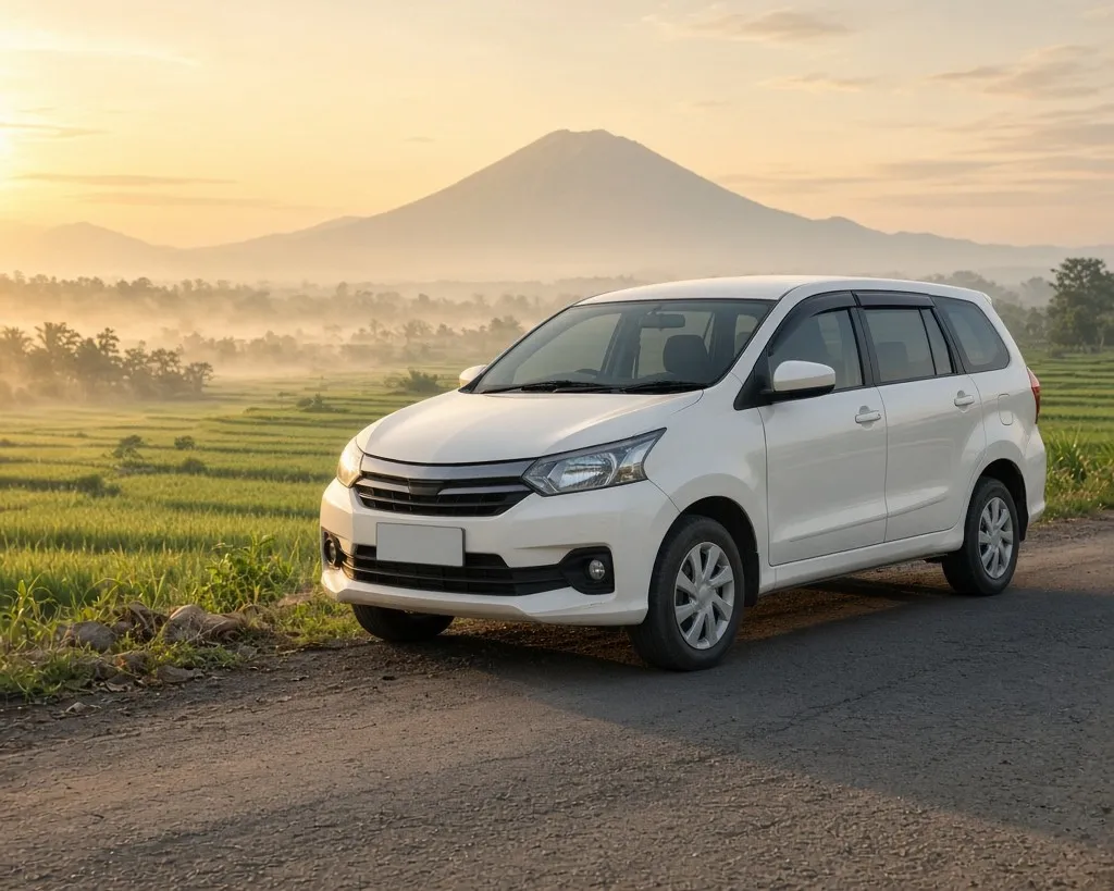 Mobil keluarga putih terparkir di tepi sawah dengan gunung di kejauhan